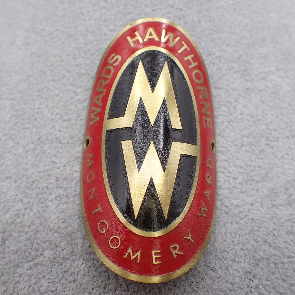 READ Vintage Montgomery Ward Hawthorne Bicycle Head Badge Red Black Gold MW Logo